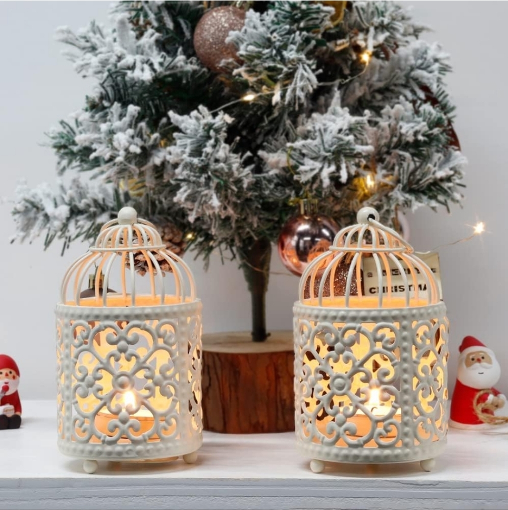 2 Pack Small Metal Candle Stick Holder Hanging Birdcage Tealight Lant
